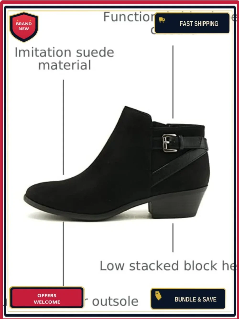 Faux Suede Ankle Bootie with Stacked Block Heel, Side Zipper, Western Style